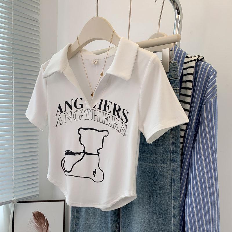 

Женская летняя белая футболка с принтом, с коротким рукавом и воротником поло 3XL (Recommended 130-140 jin) белый