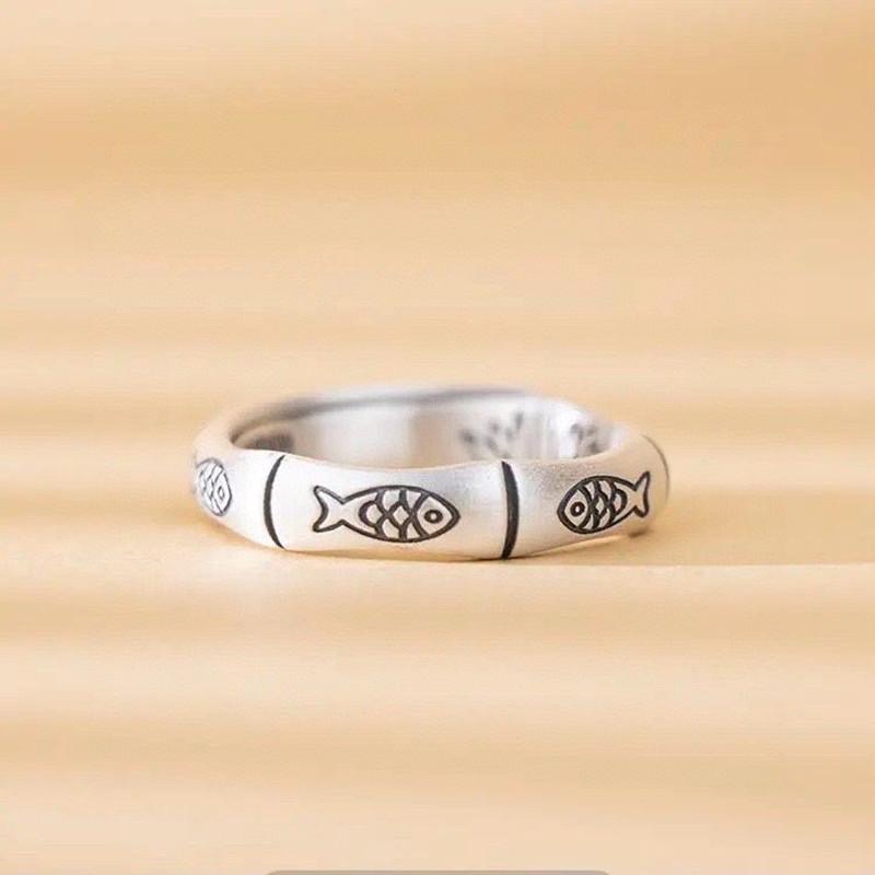 

Кольцо в стиле ретро из серебра 925 пробы для мужчин и женщин, литературное кольцо из бамбука, благоприятное кольцо в виде слона и маленькой рыбки в национальном стиле