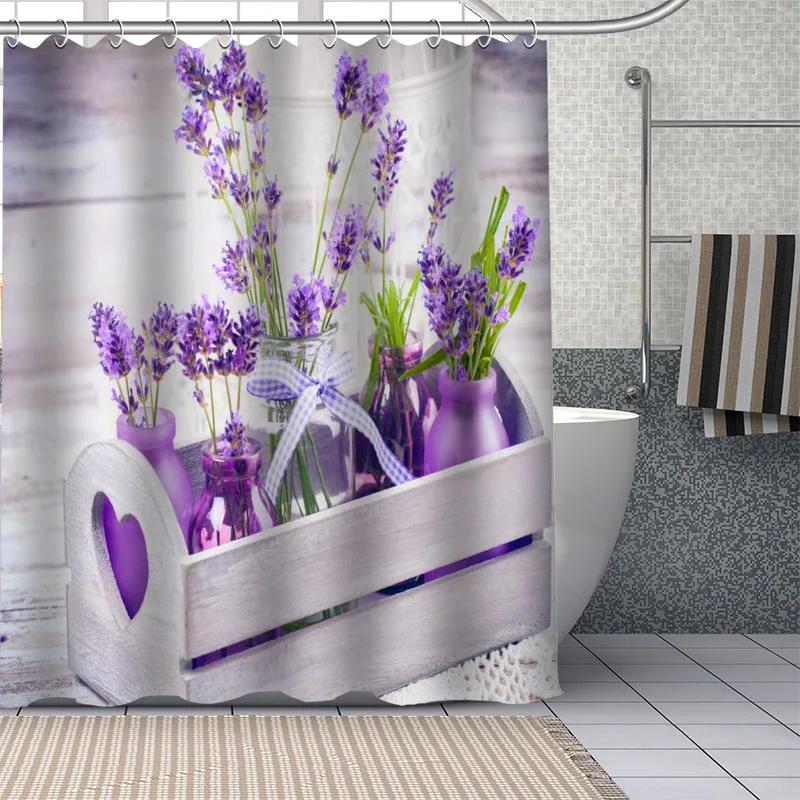 Beautiful Purple Lavender Flowers Shower Curtain Bathroom  Fabric Washable Polyester for Bathtub Art Home Decor with Hook