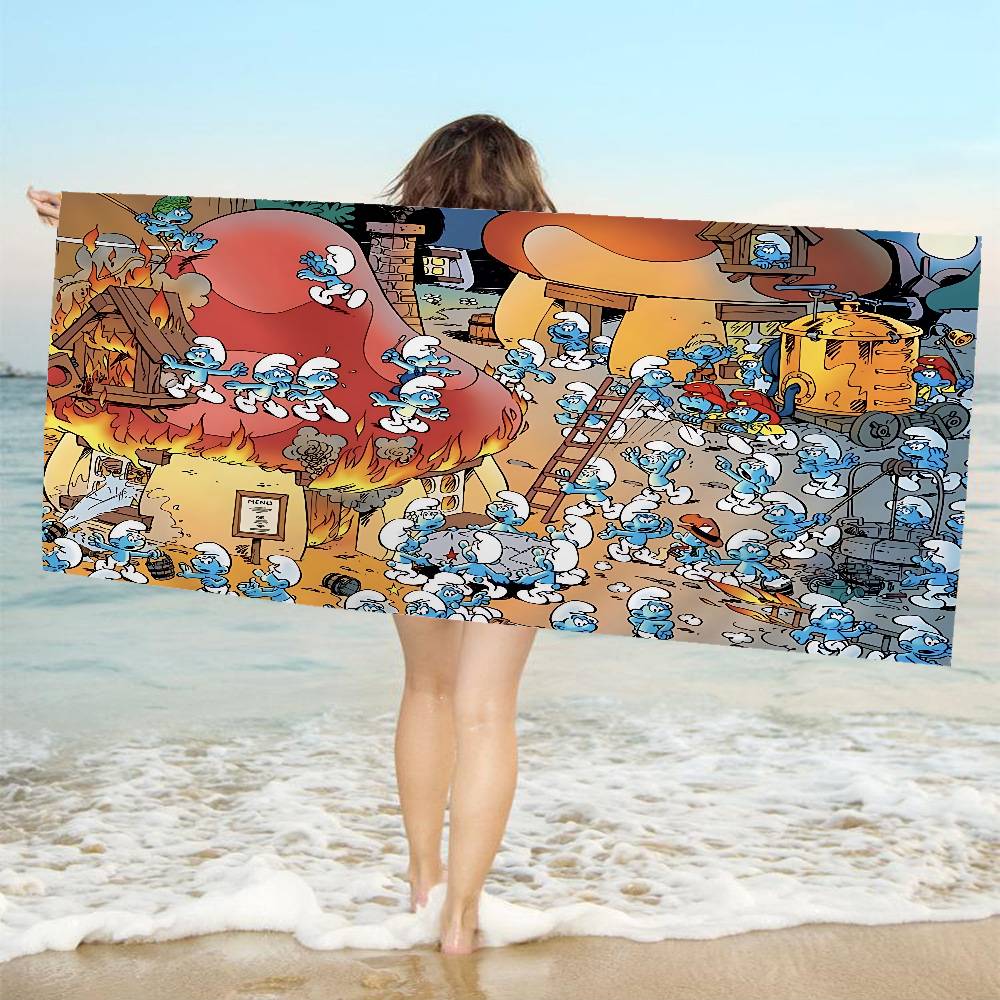 Cartoon Cute S-Smurfs Bath Towel Microfiber Soft Water Absorbing Breathable For Girl Kids Decorative Cartoon Beach Towel
