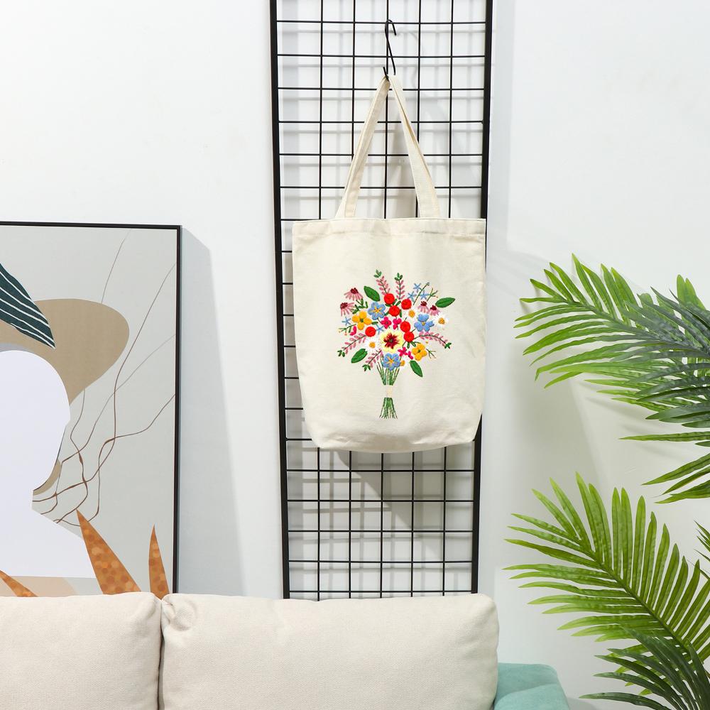 Needlepoint Embroidery Hoops Thread Embroidery Kit Flower Pattern Instructions Canvas Tote Bag