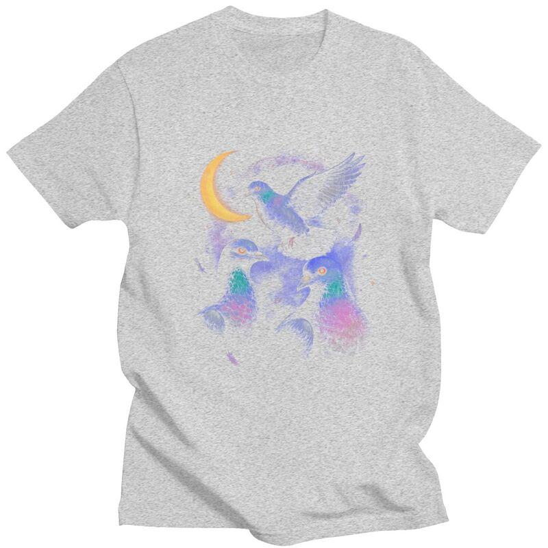 Male Cosmic Pigeons Under The Crescent Moon T Shirt Pure Cotton Colthing Fashion Casual Design Graphic Tees Shirt