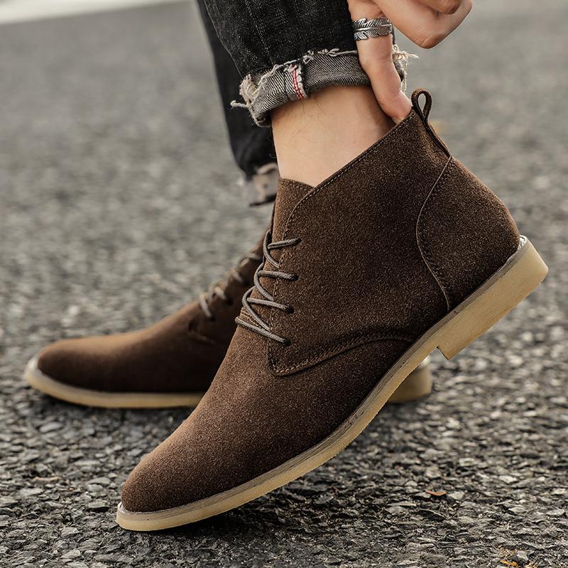 Trend Khaki Ankle Boots Men Pointed Toe Men's Chelsea Boots Man High Top Suede Leather Short Boots for Men