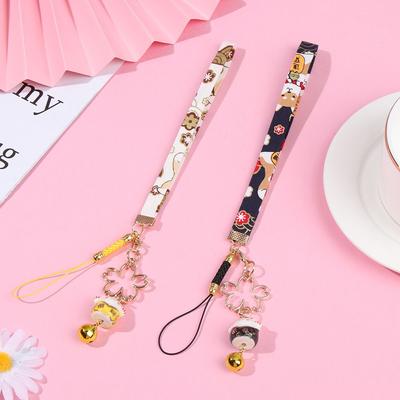 Bells Pendant Phone Strap Lanyard Lucky Cat Bell Sakura Phone Lanyard Keychain Wrist Rope Phone Strap Lanyard Anti-lost Lanyard