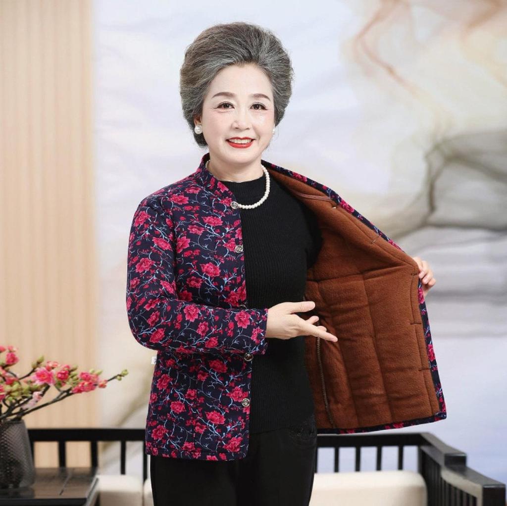 Floral Padded Winter Jacket for Moms - Fleece-Lined Cotton Coat for Middle-Aged and Elderly Women