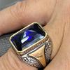 Delicate Square Geometry Grave Gold Silver Color Blue Stone Rings for Men Party Jewelry Gift