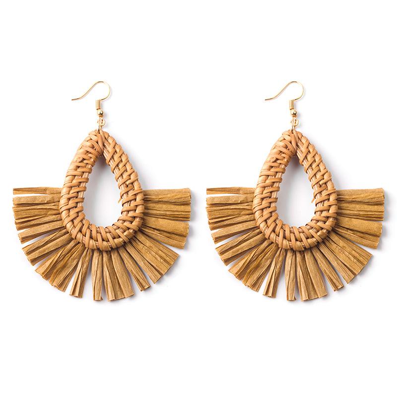 Hand-Woven Geometric Rattan Raffia Earrings, Retro Resort Fan Stud Earrings, Earrings For Women