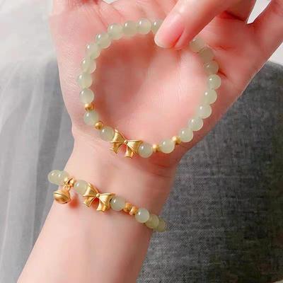 Vietnamese Sand Gold Bow Bracelet with Imitation Hetian Jade & Brass Gold-Plated Bells