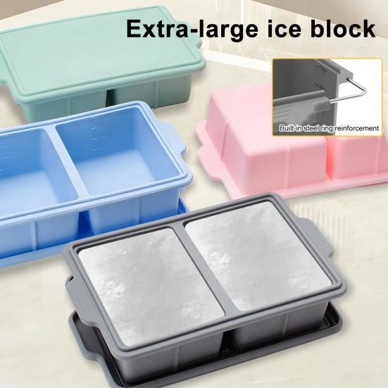 Square Ice Cube Tray with Lid 2-Cavity Food-Grade Silicone Easy-Release Mold for Whiskey Cocktails Leak-Proof Stackable Ice Cube Maker