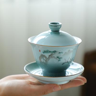 El boyaması Gaiwan Üst düzey seramik çay yapma kasesi Jingdezhen çay bardağı kapaklı ve tabaklı Gai Wan Shen Puer çorba kasesi bardakları