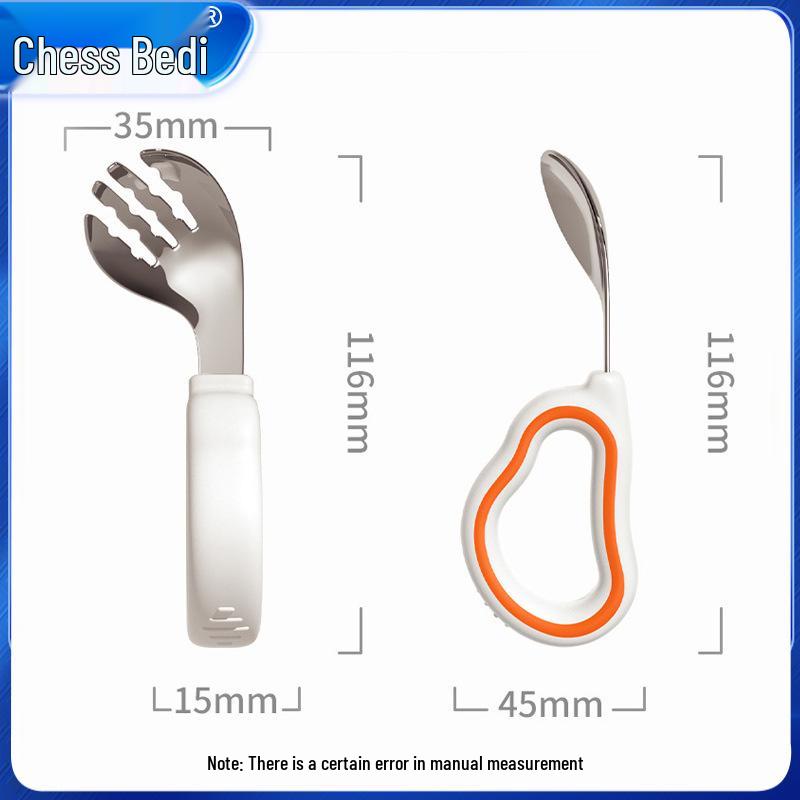 Infant Training Silicone Spoon & Fork Set - Stainless Steel, Short Handle, Bent Head for Learning To Eat