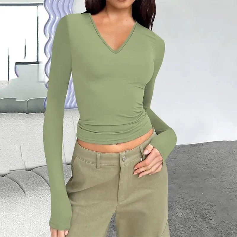 

2023 модная тонкая простая футболка с длинными рукавами, повседневная осень-зима, базовые футболки с v-образным вырезом, женские сексуальные короткие футболки 30427 XXXL авокадо