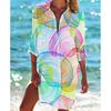 Chemise pour femme à col rabattu et manches longues Coupe ample Paréo de plage Blouse à imprimé géométrique