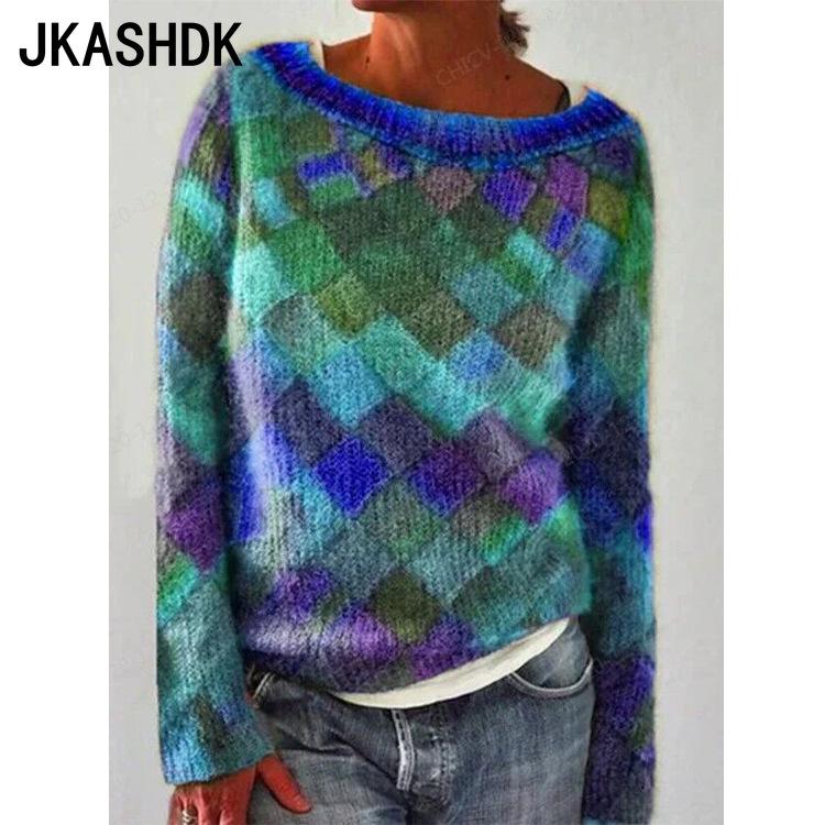 

JKASHDK Women s Fashion Casual Rhombus Color Print Fall Winter Long Sleeve Pullovers O-Neck S фіолетовий