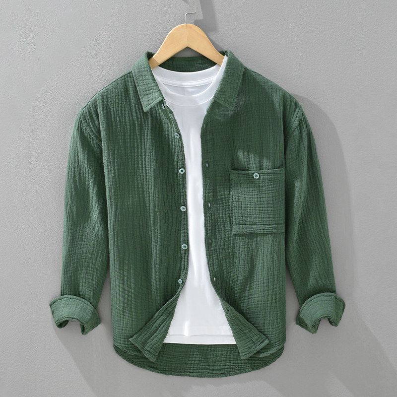 New Style Men's Spring Loose-Fitting High-End Pure Cotton Long-Sleeve Shirt with Solid Color Turn-Down Collar, Export Surplus