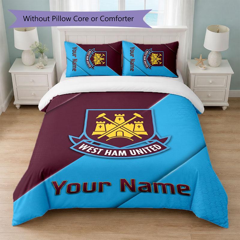 Set Biancheria da Letto Personalizzato West Ham United FC Testo Nome 1 Copripiumino+2 Federe Logo Calcio Regalo Personalizzato per Occasione Speciale Decorazione Camera da Letto