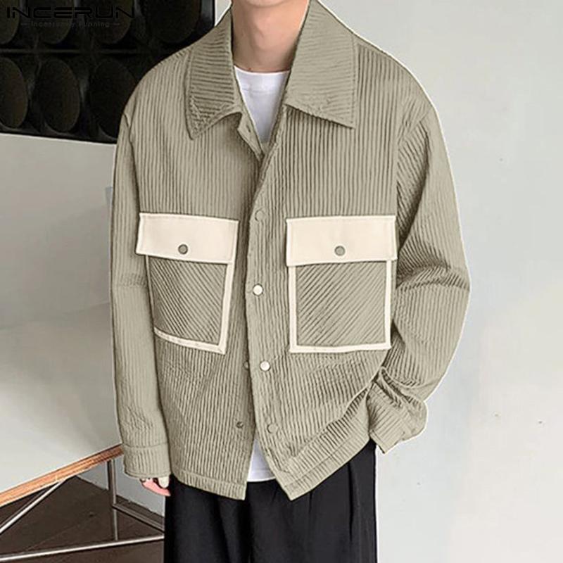 INCERUN Oversized Spring Men Long Sleeve Lapel Patchwork Buttons Up Texture Shirts