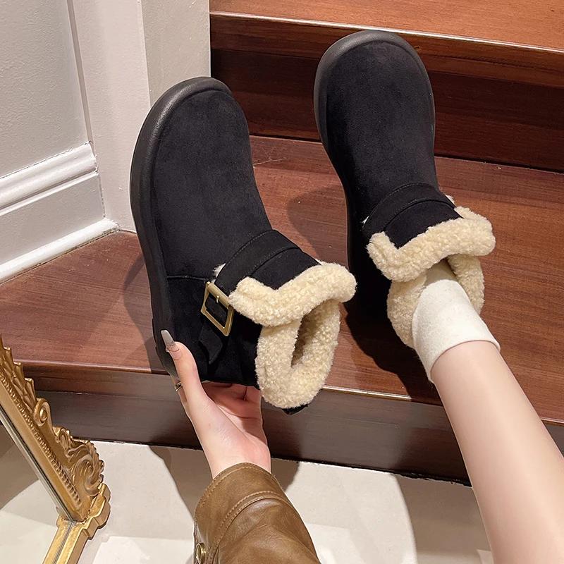 Fashion Flats Women Suede Ankle Boots Belt Buckle Plush Warm Shoes Woman Fashion Designer New 2025 Trend Winter Casual Cozy Botas Mujer