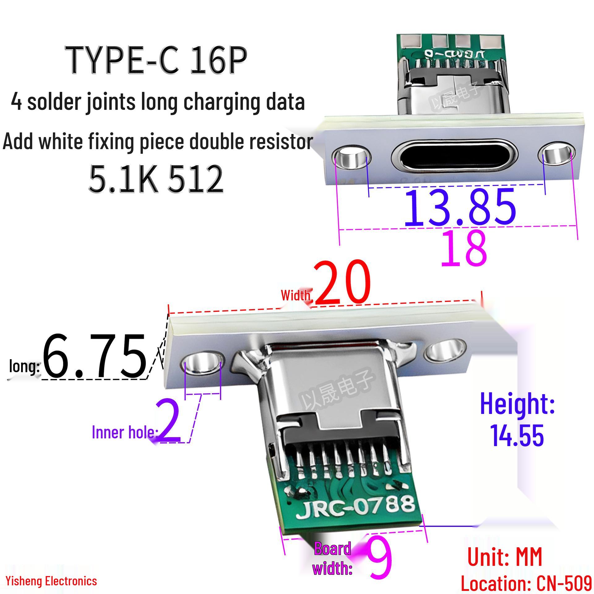

USB Type-C Female Connector, 16P, Long Body, 4 Solder Points, Charging/Data, White Fixing Tab, Dual 5.1K Resistors.