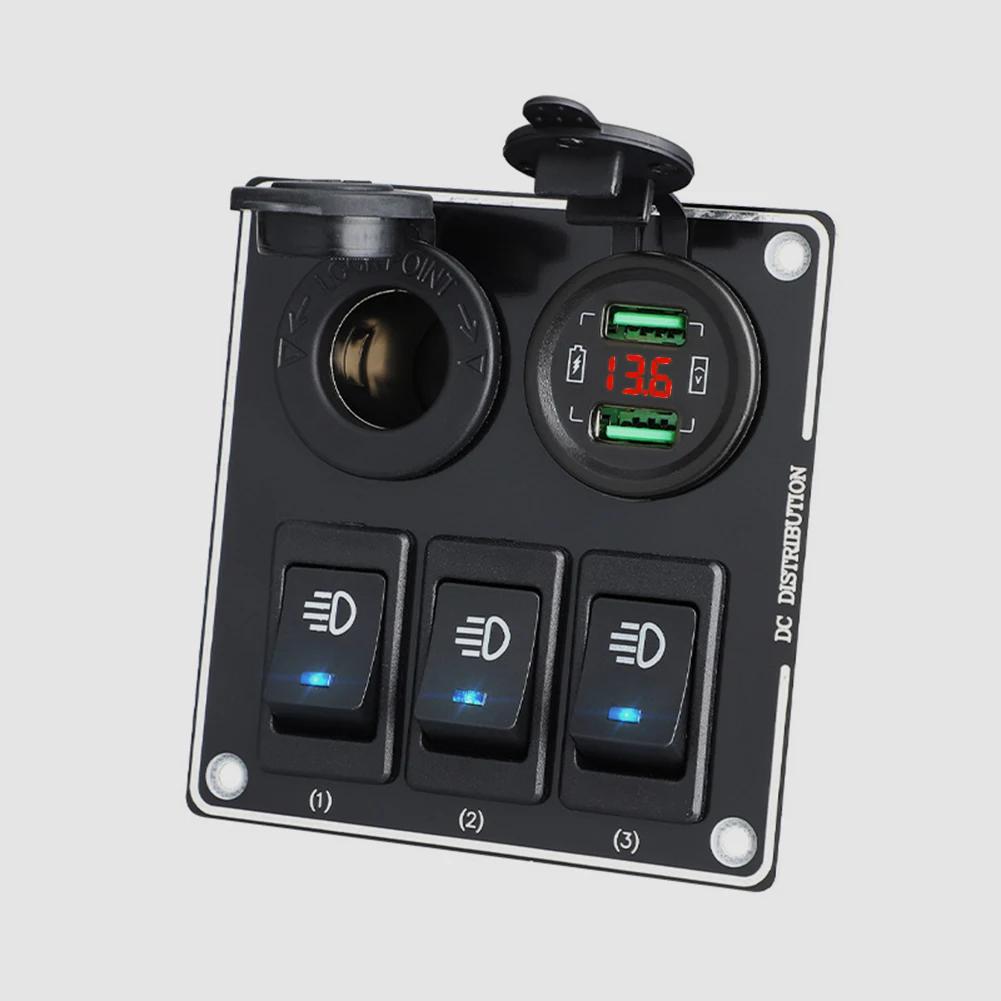 12/24V 3 Gang LED Rocker Switch Panel Boat Truck Car Lights Toggle Buttons Circuit Breaker USB Chargers Power Adapter Voltmeter