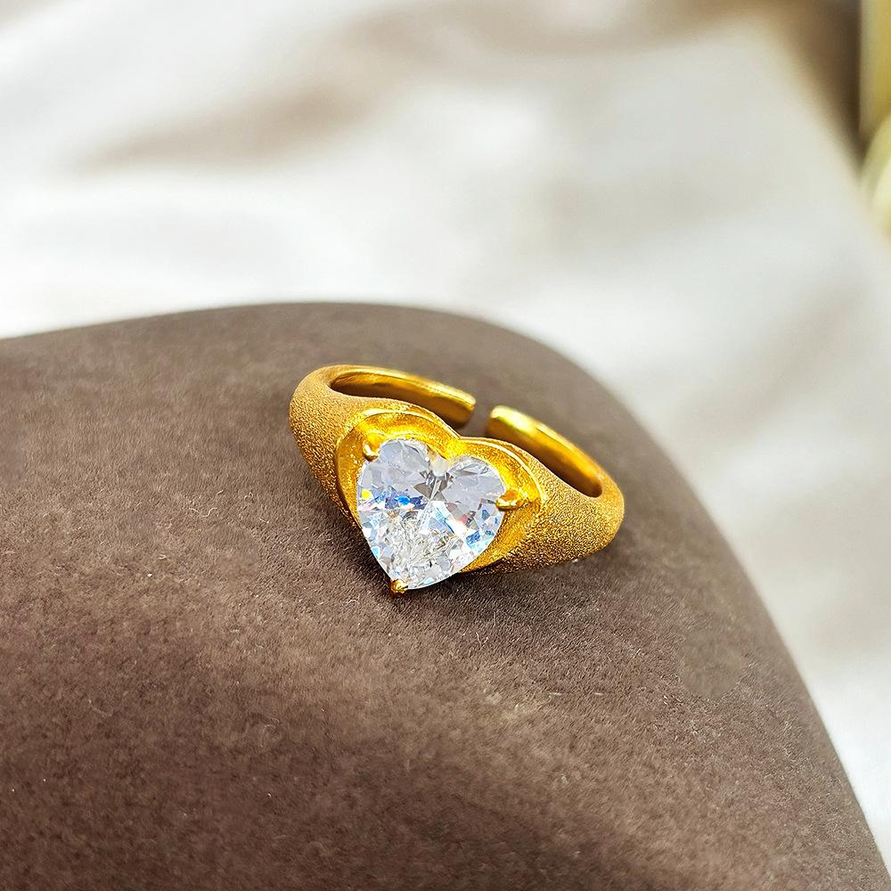 Open Ring French Vintage Gold Brushed Heart Ring with Zircon Elegant Minimalist Daily Wear for Women adjustable