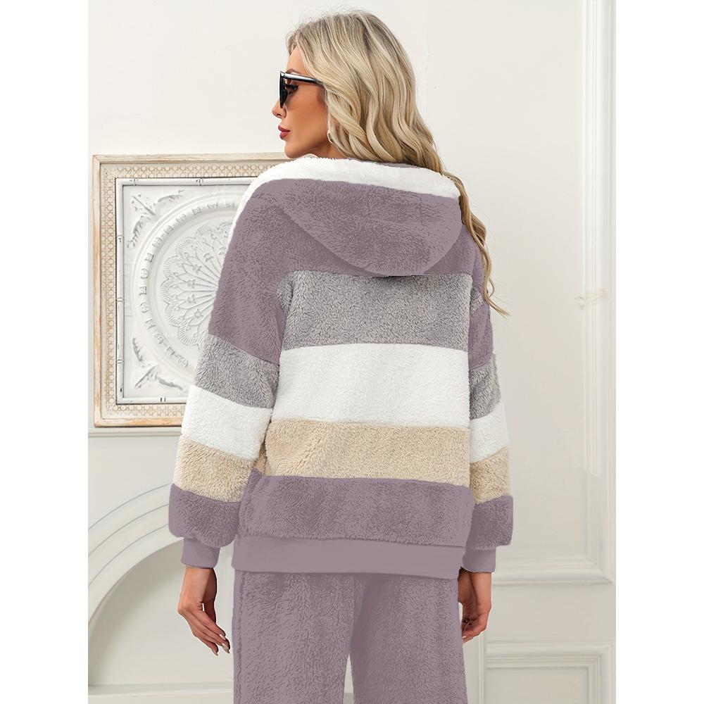 Damen Mehrfarbiger Flauschiger Kapuzenmantel, Lockere Warme Plüschjacke für Herbst Winter