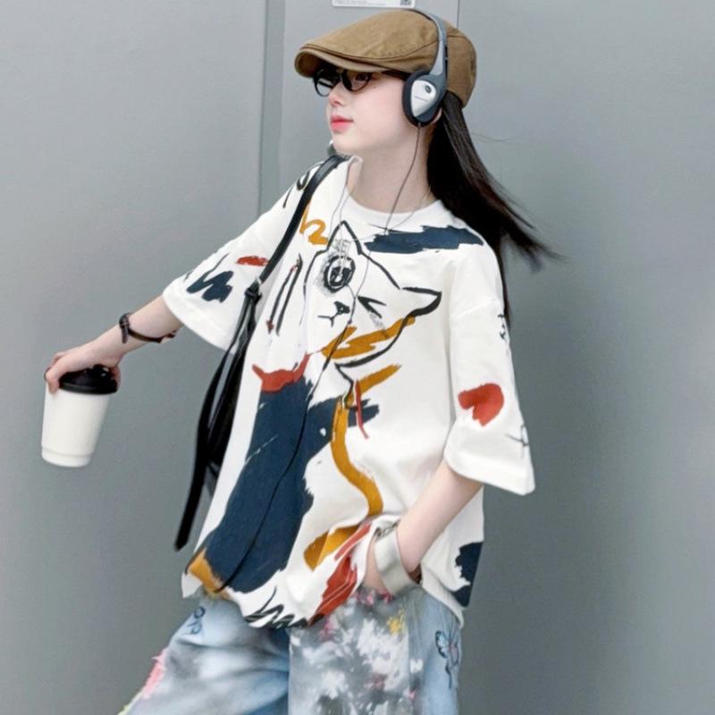 Girls Korean Style Cartoon Summer Outfit - 2026 Print T-shirt & Wide Leg Pants Two-Piece Set Height 170 cm