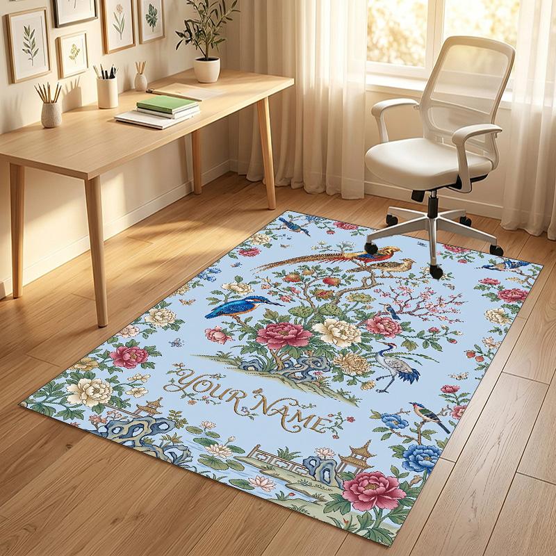 Floral Birds Artwork Theme Soft Crystal Velvet Rug Custom Name & Text Print Non Slip Floor Rug for Bedroom Living Room
