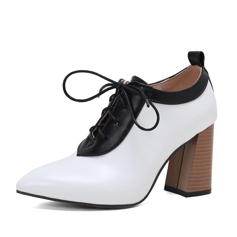 Women Pumps Pointed Toe Lace up Thick Heel Platform Brogue Student Carved Retro Classic Spring Autumn New