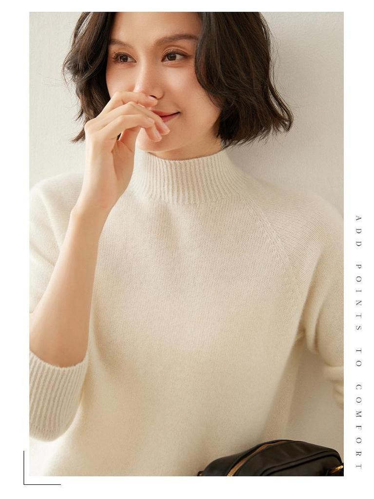 Women's Cashmere Raglan Sleeve Slim Fit Sweater - Half High Neck, Thickened, Solid Color, Versatile Knitted Top.