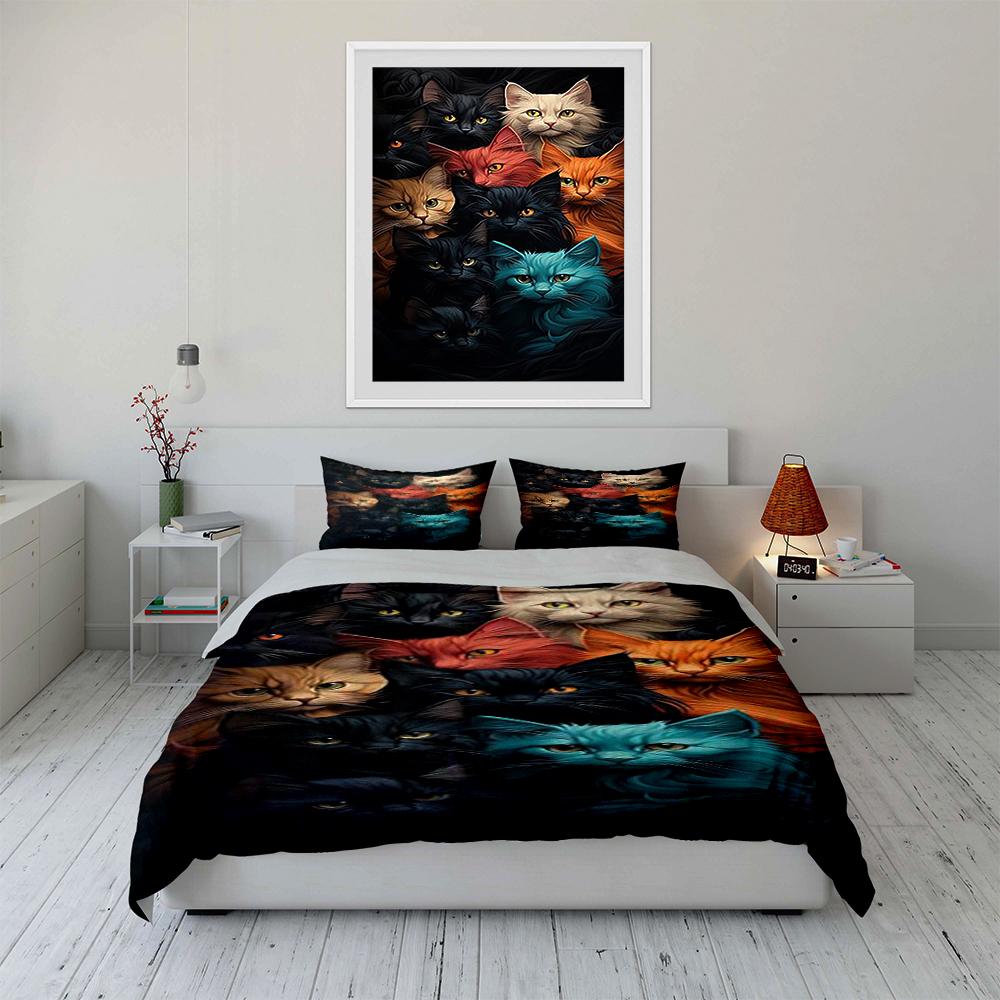 Colorful Cat Faces Design Bedding Set Bedding set (1 duvet cover, 2 pillowcases, duvet not included)