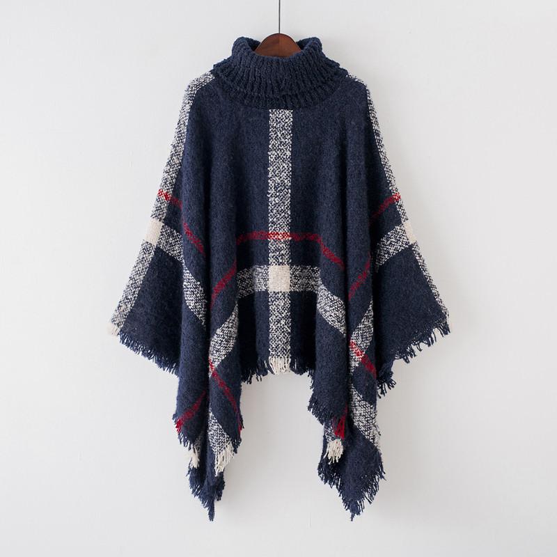 European and American High Neck Plaid Cape - Batwing Sleeve Knitted Pullover Shawl for Women