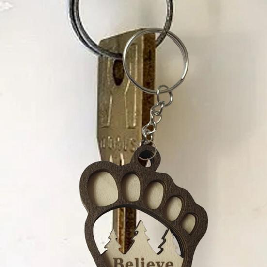 Footprint Charm Keychain with Forest Savage Pattern Double Layer Wooden Craft Key Ring Backpack Pocket Key Chain