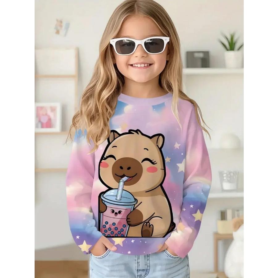 Capybara T-Shirts Children Cartoon Graphic Tee Harajuku Girl Tops Japanese Fashion Cute Animals Long Sleeves Children's Clothing