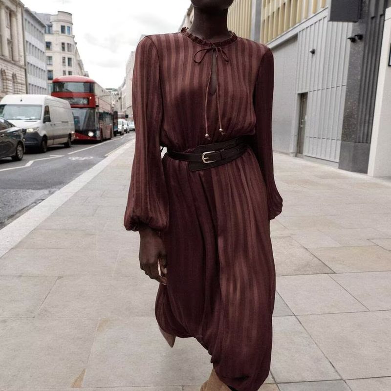 Counter Same Zbzr Autumn New Women clothes Western Style Versitile Fashion Belt Midi Dress 4387231