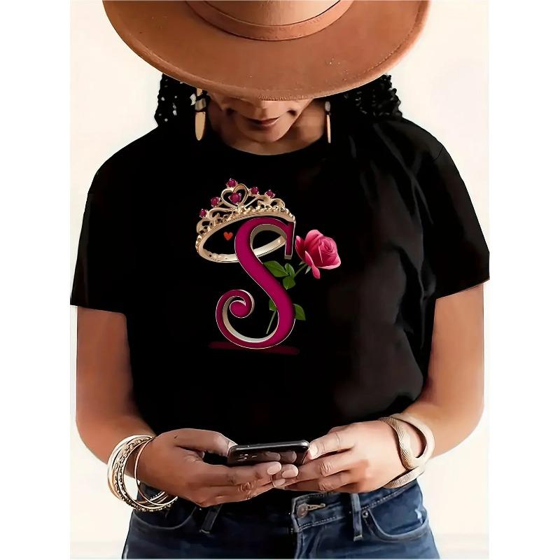 

European sizes Women S Bright Orange Casual Short Sleeve T-Shirt with Crown & Rose Letter Graphic Print - Loose Fit Round Neck 4XL чорний