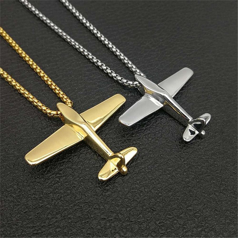 Punk Aircraft Airplane Pendant Necklaces Male Gold Silver Color Stainless Steel Chains For Men Women Jewelry Gift XL1115