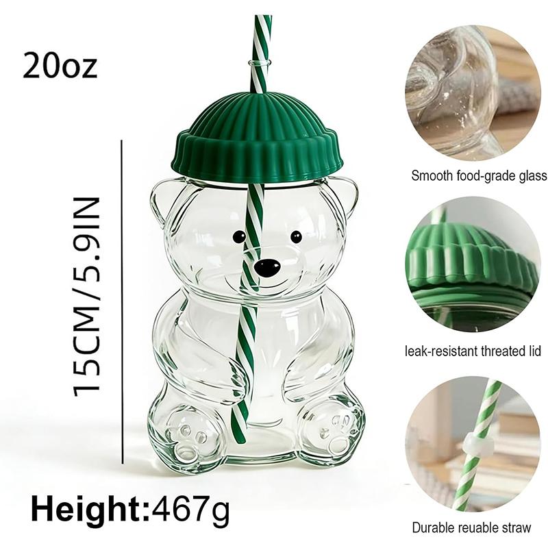 

Glass Bear Cup,Bear Straw Cup, Glass Cups with Lids and Straws,Cute Mugs Bear Sippy Cups Coffee Beer Wine Cocktail Drinks Glassware for Christmas Gift