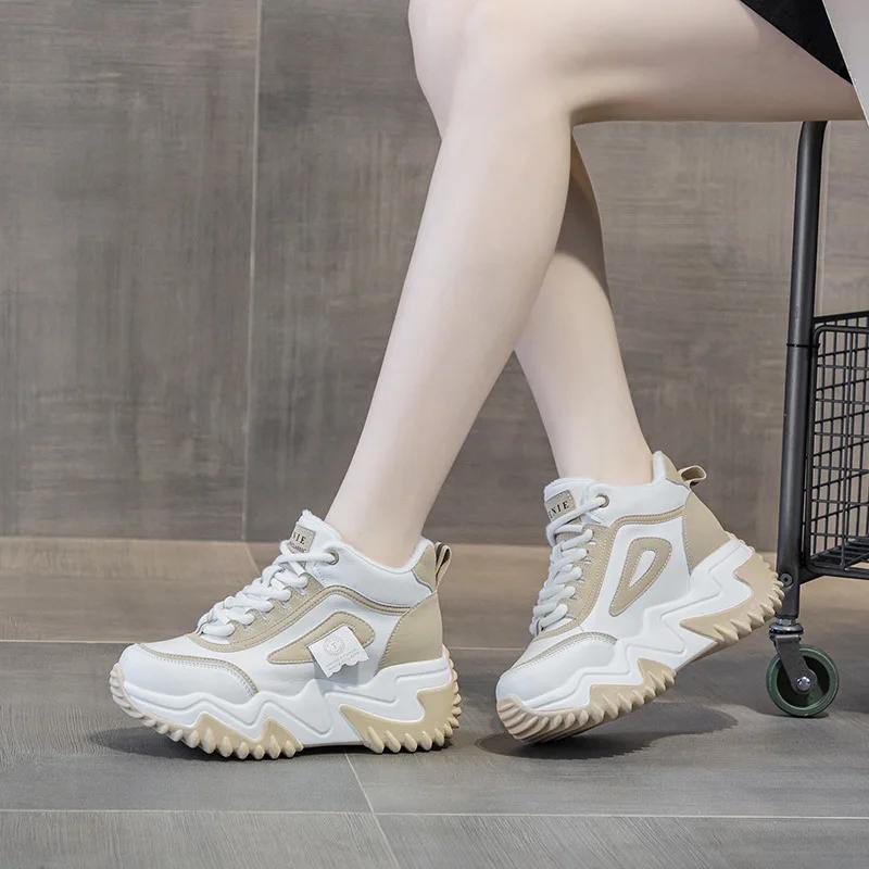 Genuine Leather 7CM Casual Sneakers Women  New Chunky Platform Sports Shoes Ladies High Heels Designer Tennis Thick Bottom