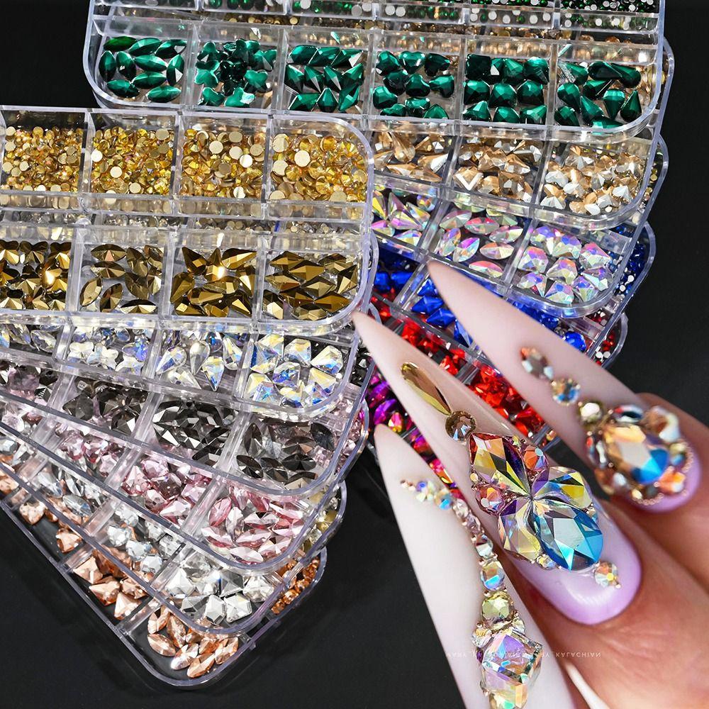 12 Grids 3D Nail Art Rhinestones Flat Bottom Square Rhombus Nail Art Charms Five-pointed Star/Heart Mixed-Shapes