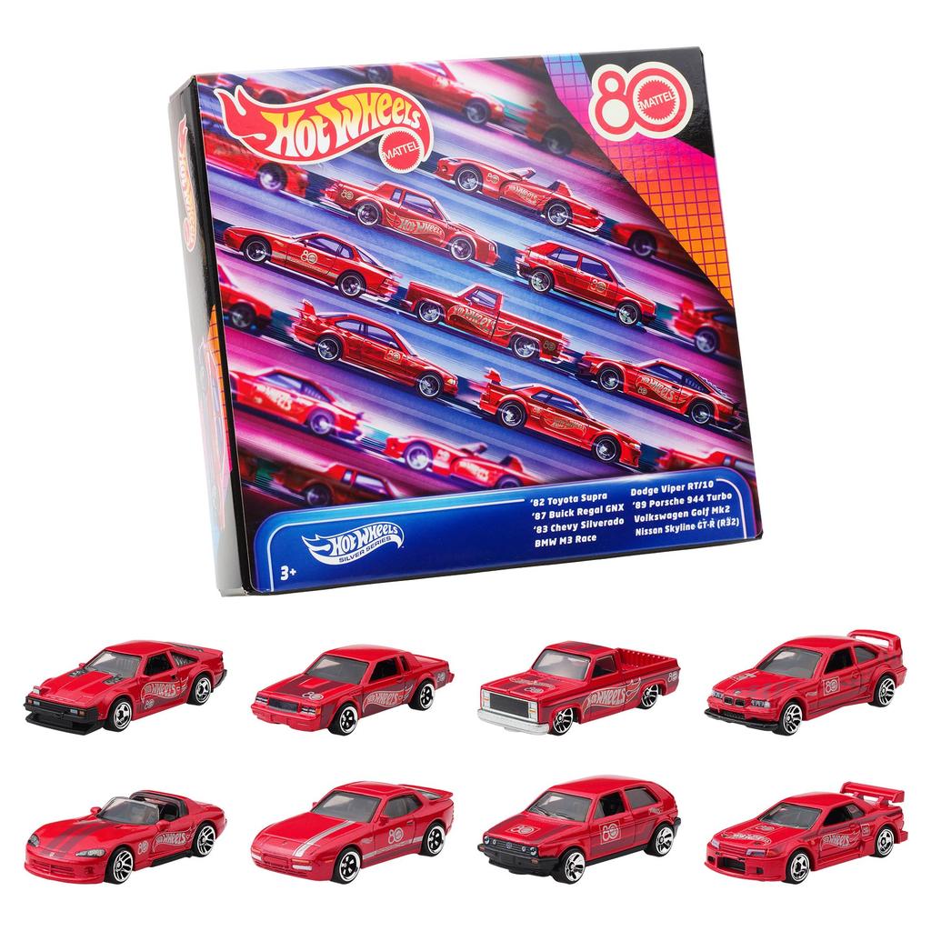 Hot Wheels Mattel Vehicul Jucărie Mini Aniversare 80 de Ani Vârsta 3 și JGK09 Pachet 8 Mașini, Sus, Roșu,