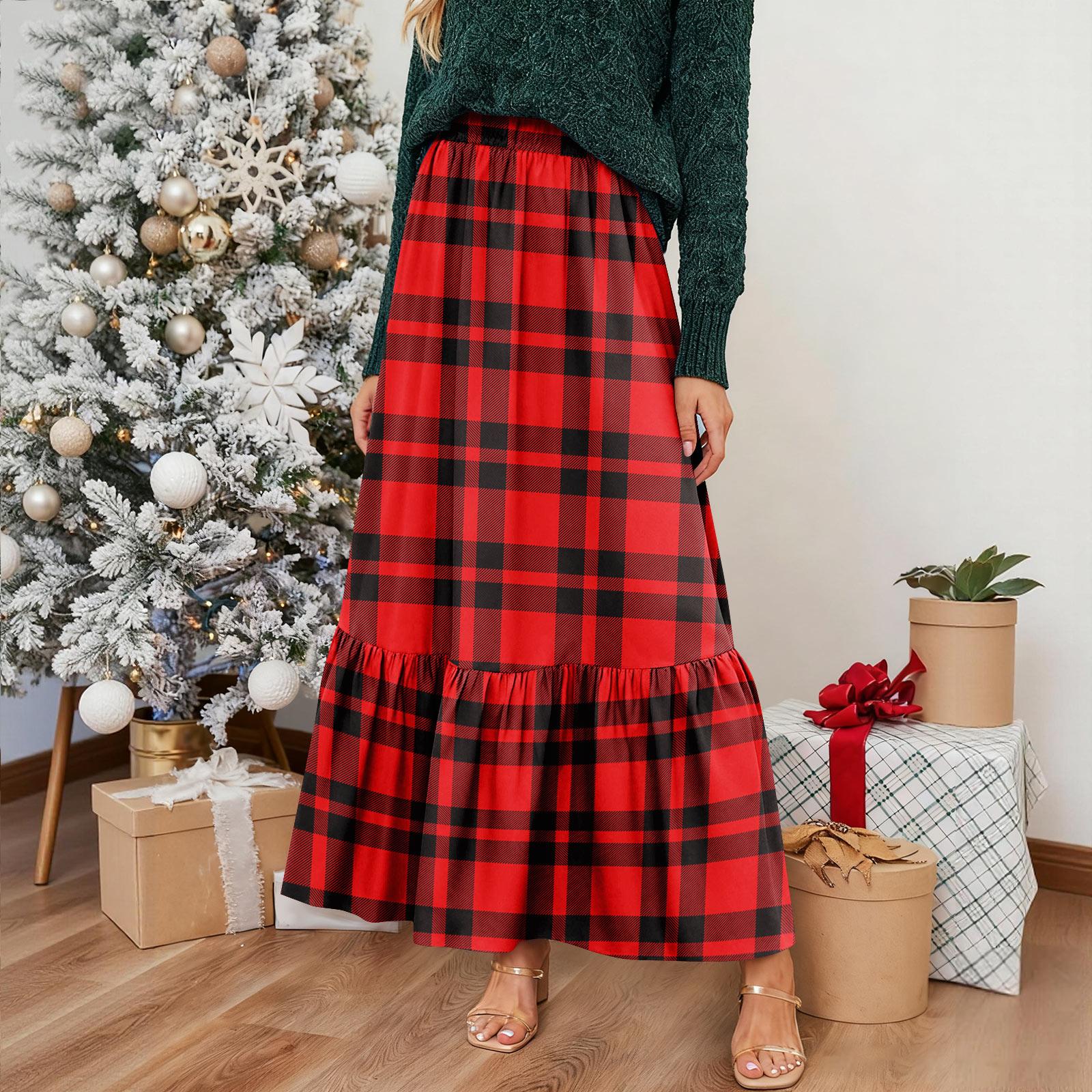 

Women s Ruffled Casual Long Skirt Plaid Skirt Retro Pleated Skirt XL винний