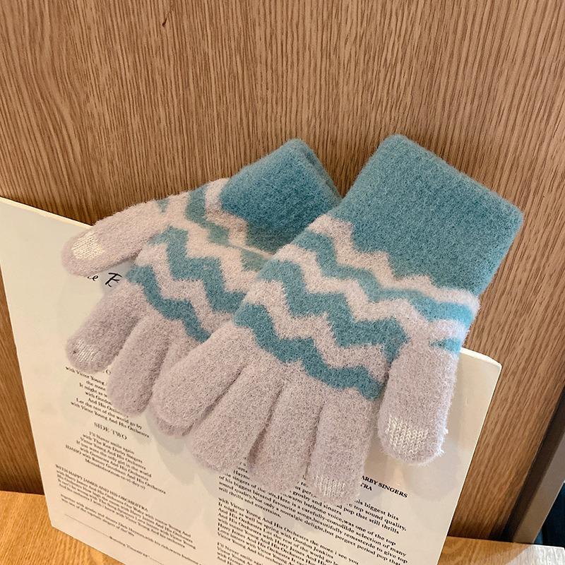 

Теплые зимние перчатки женские пара пятипалые вязаные мужские велосипедные бархатные студенческие утолщенные милые жаккардовые One Size озеро синий