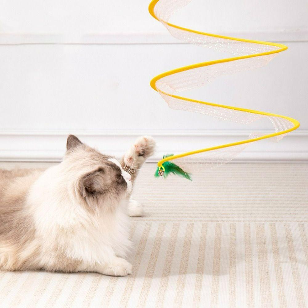 Steel Wire+Elastic Mesh Folded Cat Tunnel With Bell Breathable Cat Spring Toy S Type Training Interactive Cat Collapsible Tunnel