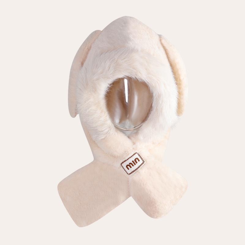 Women's Cozy Fox Ear Plush Hat with Integrated Scarf - Warm, Soft Lei Feng Design for Autumn and Winter. Perfect Ear Protection for Students.