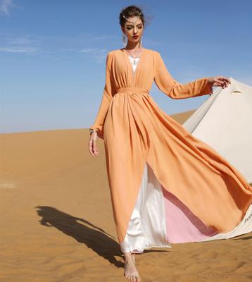Abito da donna musulmana doppio chiffon bicolore indossabile su entrambi i lati manica lunga cardigan accappatoio slim