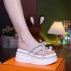 Thick Bottom Slope Heel Wear Sandals Girl 2025 Summer New Rhinestone Sleeve Toe Fairy Wind Beach One-word Slippers