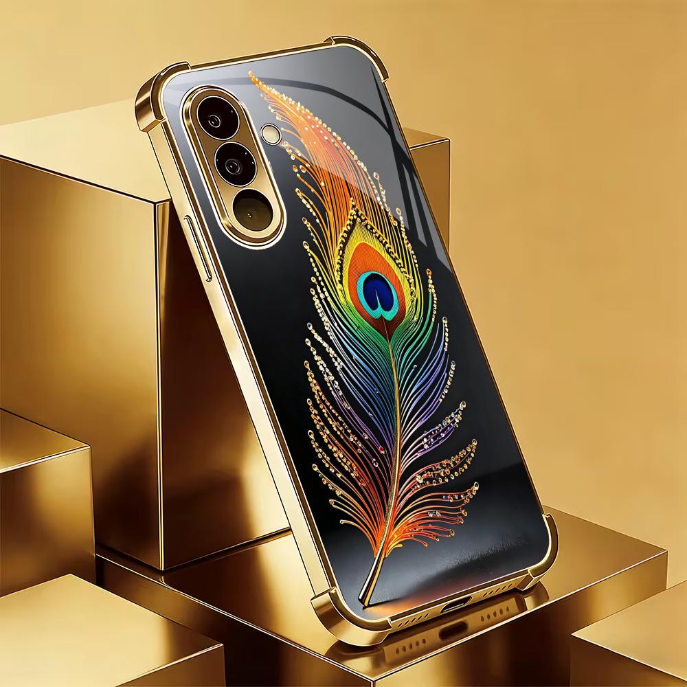 Peacock Feather Electroplated Glass Phone Case Suitable for Samsung Galaxy S26 S25 S24 S23 S22 S20 FE/Ultra/Plus Anti Fall