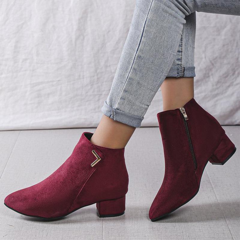 Fashion Burgundy Faux Suede Ankle Boots Women Spring Autumn 2025 Classic Metal Decoration Boots Woman Zipper Pointed Toe Botas Mujer