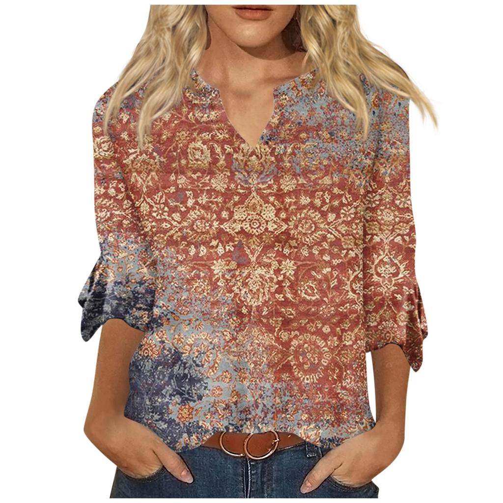 Women's Top Loose Casual V-neck Printed Blouses Bell 3/4 Sleeve T-shirt